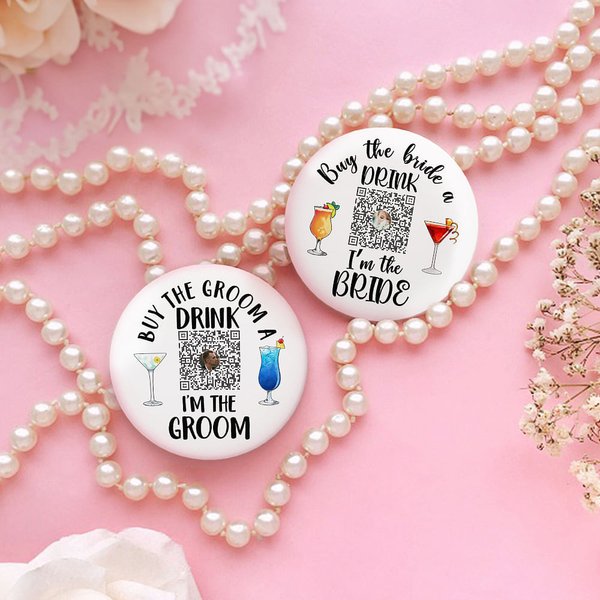 Personnalisé Drink Beer Design Photo Button Badge Pin with QR Code Set of 5 Wedding Bachelorette Party Gift for Couple
