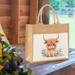 Personalized Cute Watercolour Highland Cow Large Jute Tote Bag with Name and Cotton Pocket Birthday Gift for Highland Cow Lovers