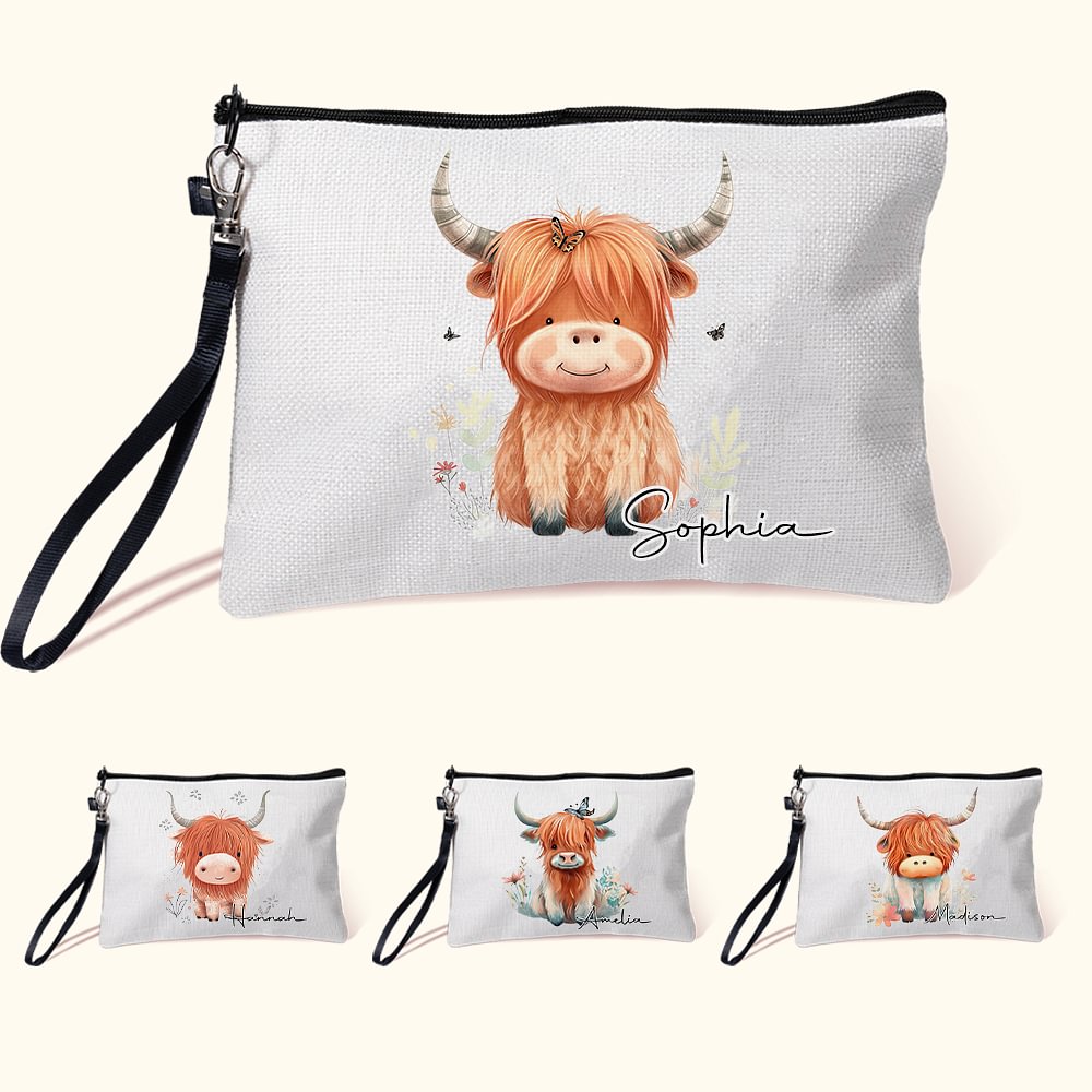 Personnalisé Cute Highland Cow Women Wristlet Makeup Bag with Name Travel Essentials Birthday Gift for Cowgirl Cow Lovers