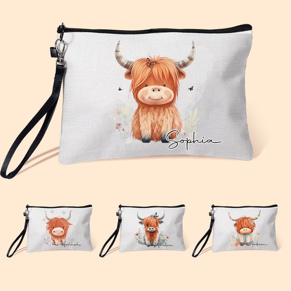 Personalized Cute Highland Cow Women Wristlet Makeup Bag with Name Travel Essentials Birthday Gift for Cowgirl Cow Lovers