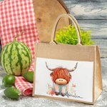 Personalized Cute Watercolour Highland Cow Large Jute Tote Bag with Name and Cotton Pocket Birthday Gift for Highland Cow Lovers