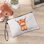 Personalised Cute Highland Cow Women Wristlet Makeup Bag with Name Travel Essentials Birthday Gift for Cowgirl Cow Lovers