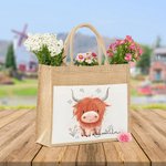 Personalized Cute Watercolour Highland Cow Large Jute Tote Bag with Name and Cotton Pocket Birthday Gift for Highland Cow Lovers