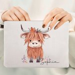 Personalised Cute Highland Cow Women Wristlet Makeup Bag with Name Travel Essentials Birthday Gift for Cowgirl Cow Lovers