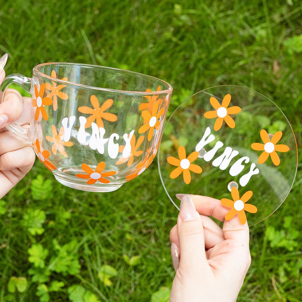 Personlig Retro Daisy Flower Glas kaffemugg Set med namn Födelsedagspresent för vän familj
