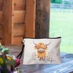 Personalised Cute Highland Cow Women Wristlet Makeup Bag with Name Travel Essentials Birthday Gift for Cowgirl Cow Lovers