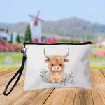 Personalised Cute Highland Cow Women Wristlet Makeup Bag with Name Travel Essentials Birthday Gift for Cowgirl Cow Lovers