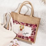 Sac en toile de jute réutilisable à poche frontale avec nom Cadeau de mariage pour les femmes