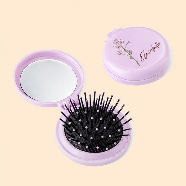 Coussin d'air mini fleur de naissance portable et pliable Peigne miroir avec nom Mariage Anniversaire Cadeau pour Elle