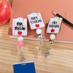 Gepersonaliseerde Glitter Clipboard Pencil Apple ontwerp intrekbare kralen acryl Badge Reel met naam terug naar school Waardering Gift voor leraar