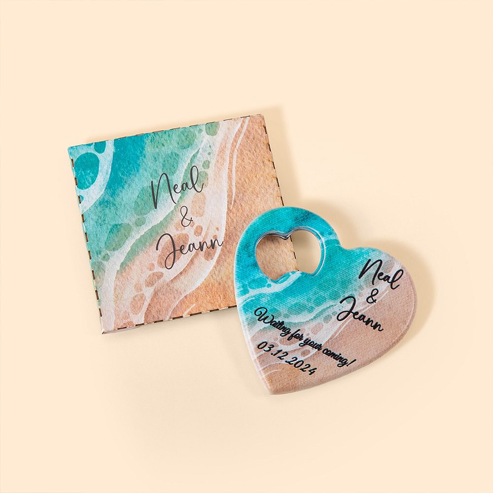 Décapsuleur magnétique de plage en forme de coeur avec texte et carte personnalisé 5 pièces Cadeau de fête de mariage pour les invités