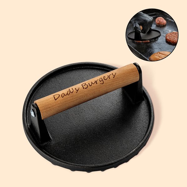 Personalised Iron Burger Weight Meat Press with Engraved Text Wooden Handle Barbecue Party Father's Day Gift for BBQ Cooking Lover