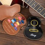 Custom Guitar Pick Holder, Leather Guitar-Shaped with Name & Band Chain Portable Music Festival & Birthday Gift for Guitar Enthusiasts.