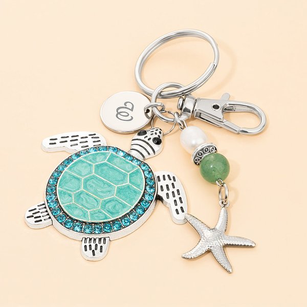 Personalized Sea Turtle Starfish Ocean Theme Keychain Bag Charm with Engraved Initial Disc and Turquoise Pearl Birthday Gift for Women Turtle Lovers