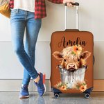 Personalised Cute Floral Highland Cow Luggage Protective Cover with Name Fits 18-32 Inches Suitcase Travel Essentials Vacation Gift for Travel Lovers