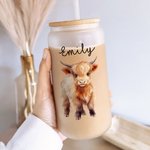 Personalized Highland Cow 20oz Name Glass Cup with Bamboo Lid Birthday Gift  for Young Group Highland Cow Lovers