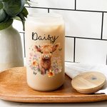 Personalized Highland Cow 20oz Name Glass Cup with Bamboo Lid Birthday Gift  for Young Group Highland Cow Lovers