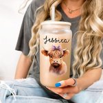 Personalized Highland Cow 20oz Name Glass Cup with Bamboo Lid Birthday Gift  for Young Group Highland Cow Lovers