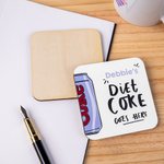 Personalized Diet Coke Goes Here Water Absorbent Wooden Coaster with Name Funny Birthday Housewarming Gift for Coke Lovers