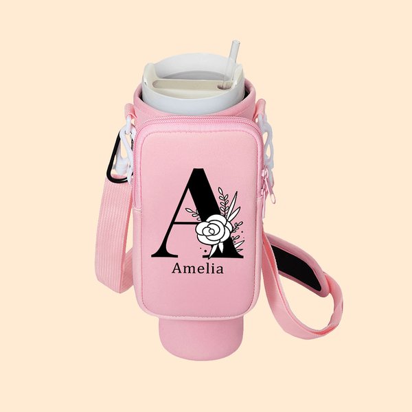 Personalised Floral Initial Water Bottle Carrier Bag with Removable Pouch and Strap Tumbler Accessories for 40oz Stanley Birthday Gift for Her