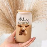 Personalized Highland Cow 20oz Name Glass Cup with Bamboo Lid Birthday Gift  for Young Group Highland Cow Lovers