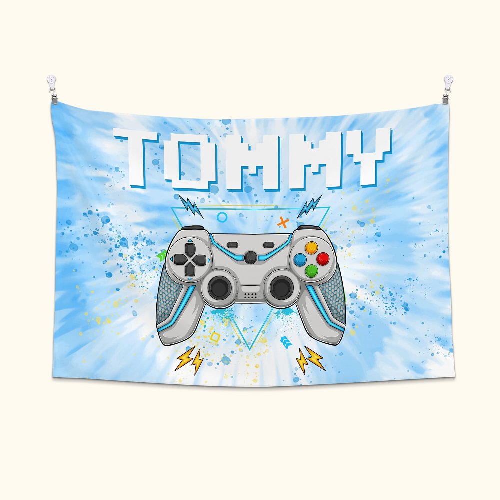 Tapisserie colorée personnalisée avec nom pour Gamepad Décoration de salle de jeux Cadeau d'anniversaire pour les enfants amateurs de jeux vidéo