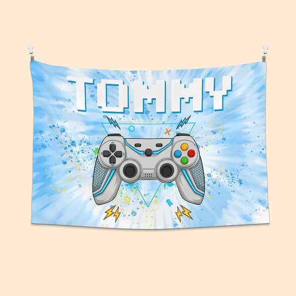 Arazzo personalizzato con effetto tintura del Gamepad con nome, decorazione della stanza da gioco, regalo di compleanno per bambini amanti dei giochi.