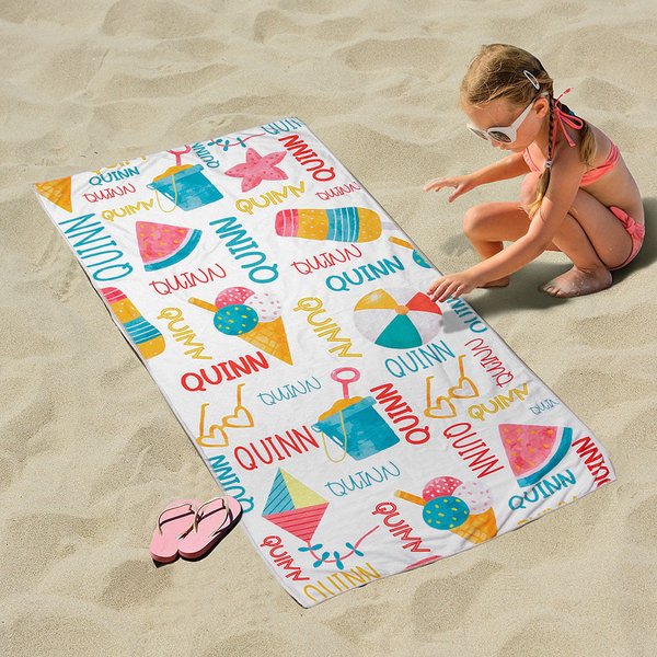 Personalized Colorful Summer Vibes Quick Dry Soft Microfiber Kid Beach Towel with Name Summer Travel Essentials Birthday Gift for Boys Girls