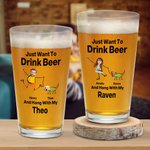 Personalized Just Want to Drink Beer with My Pet 16oz Pint Beer Glass with Photos and Names Housewarming Father's Day Gift for Pet Lovers