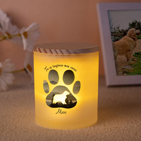 Photophore Personnalisé avec Silhouette Nom Chien Style Patte Arc-en-Ciel Bougie LED à Option Cadeau Sympathie Souvenir pour Amoureux de Chien