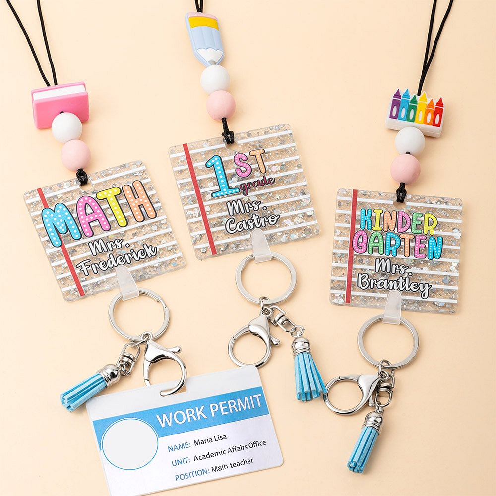 Lanyard rétractable à paillettes et perles arc-en-ciel avec nom Cadeau d'appréciation de rentrée pour enseignant