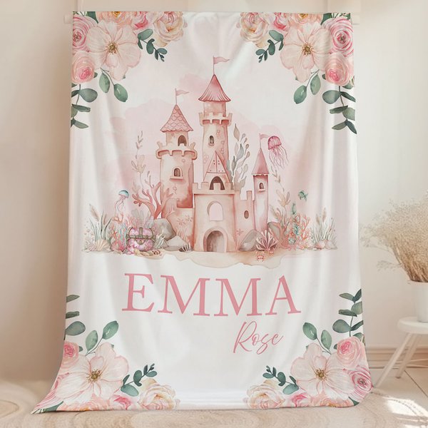 Personalized Pink Floral Castle Princess Soft Baby Blanket with Name Baby Shower Baptism Gift for Baby Girl