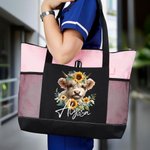 Personalised Highland Cow Sunflower Large Capacity Tote Bag with Name Birthday Christmas Gift for Nurse Cow Lovers