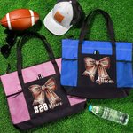 Personalised Football Bow Zippered Tote Bag with Name and Number Game Day Accessories Birthday Gift for Women Football Lovers