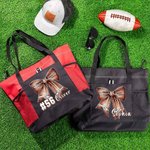 Personalised Football Bow Zippered Tote Bag with Name and Number Game Day Accessories Birthday Gift for Women Football Lovers