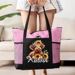 Personalised Highland Cow Sunflower Large Capacity Tote Bag with Name Birthday Christmas Gift for Nurse Cow Lovers