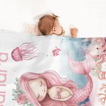 Personalized Pink Mermaid Soft Blanket with Name Cute Nursery Decor Baby Shower Birthday Gift for Kids Baby Girls