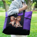 Personalised Football Bow Zippered Tote Bag with Name and Number Game Day Accessories Birthday Gift for Women Football Lovers