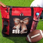 Personalised Football Bow Zippered Tote Bag with Name and Number Game Day Accessories Birthday Gift for Women Football Lovers