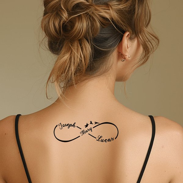 Personalisierte wasserdicht Ungiftigkeit Infinity Symbol Namen Satz von 3 temporäre Tattoos mit Vögeln Party Favor Jahrestag Geschenk für Familie Freu