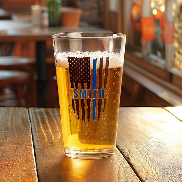 Verre à bière personnalisé avec nom, drapeau américain, Thin Blue Line Cadeau de départ à la retraite pour officier de police