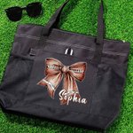 Personalised Football Bow Zippered Tote Bag with Name and Number Game Day Accessories Birthday Gift for Women Football Lovers