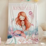 Personalized Pink Mermaid Soft Blanket with Name Cute Nursery Decor Baby Shower Birthday Gift for Kids Baby Girls