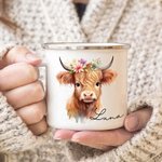 Personalisierte Floral Hochland Kuh 11oz Emaille Becher mit Namen Geburtstag Geschenk für Hochland Kuh Liebhaber