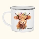 Personalisierte Floral Hochland Kuh 11oz Emaille Becher mit Namen Geburtstag Geschenk für Hochland Kuh Liebhaber