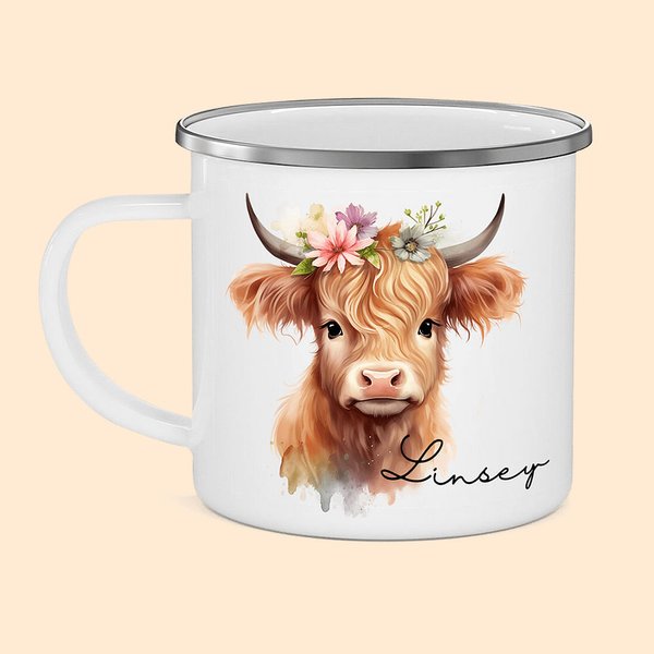 Personalisierte Floral Hochland Kuh 11oz Emaille Becher mit Namen Geburtstag Geschenk für Hochland Kuh Liebhaber