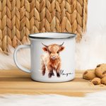 Personalisierte Floral Hochland Kuh 11oz Emaille Becher mit Namen Geburtstag Geschenk für Hochland Kuh Liebhaber