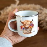 Personalisierte Floral Hochland Kuh 11oz Emaille Becher mit Namen Geburtstag Geschenk für Hochland Kuh Liebhaber