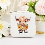 Personalised Birth Flower Highland Cow Portable Leather Jewellery Box with Name Birthday Gift for Women Highland Cow Lovers