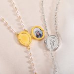Personalised Jesus Cross Pendant Photo Locket Rosary Necklace with Pearls Chain Lip Chain Religious Memorial Gift for Catholic